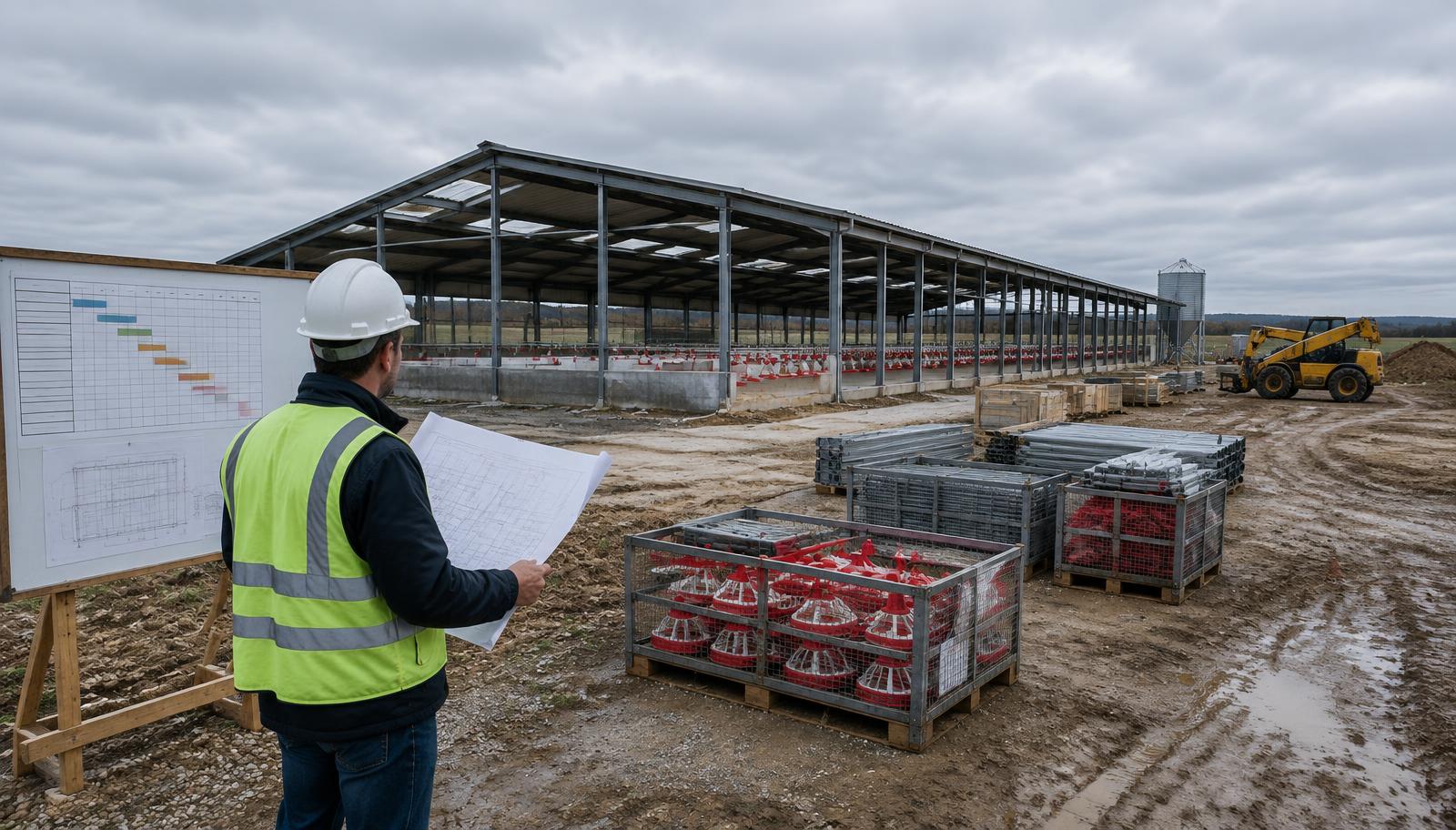 Half-built poultry house with unfinished site works and stacked construction materials, illustrating a project running over budget